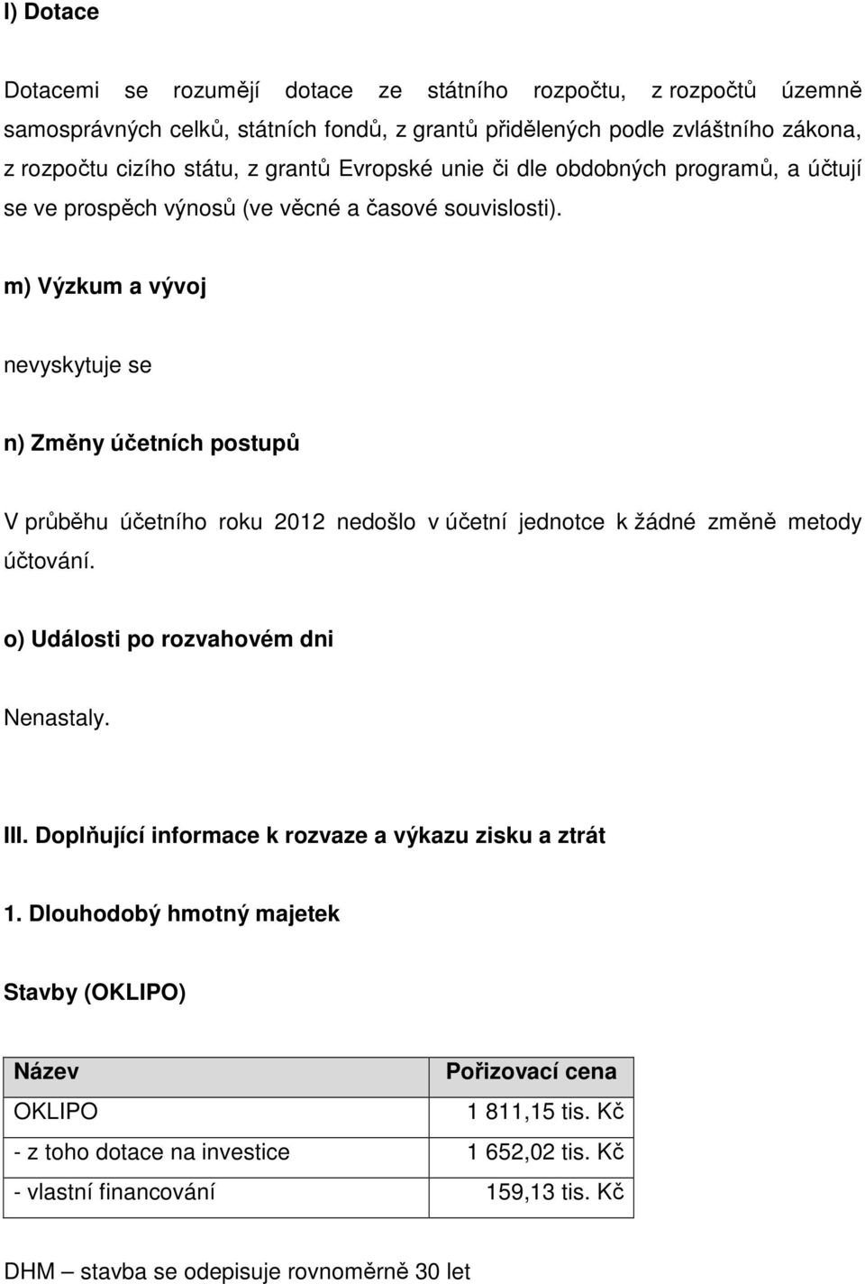 m) Výzkum a vývoj n) Změny účetních postupů V průběhu účetního roku 212 nedošlo v účetní jednotce k žádné změně metody účtování. o) Události po rozvahovém dni Nenastaly. III.