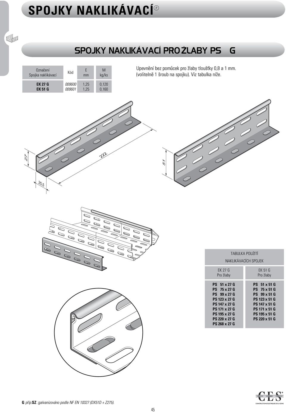 K 27 009600 0,120 K 51 009601 0,160 27 222 51 25,5 TABULKA POUŹITÍ NAKLIKÁVACÍCH SPOJK K 27 Pro žlaby PS 51 x 27 PS 75 x 27 PS 99 x 27