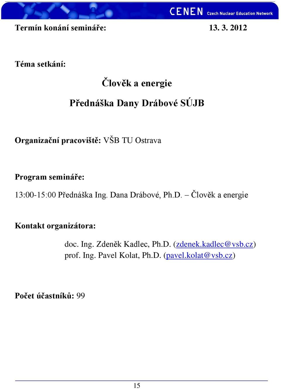 TU Ostrava 13:00-15:00 Přednáška Ing. Dana Drábové, Ph.D. Člověk a energie doc.