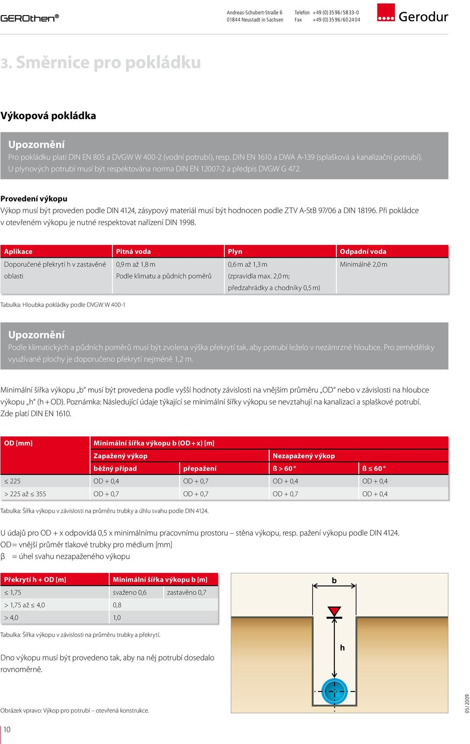 Provedení výkopu Výkop musí být proveden podle DIN 4124, zásypový materiál musí být hodnocen podle ZTV A-StB 97/06 a DIN 18196. Při pokládce v otevřeném výkopu je nutné respektovat nařízení DIN 1998.