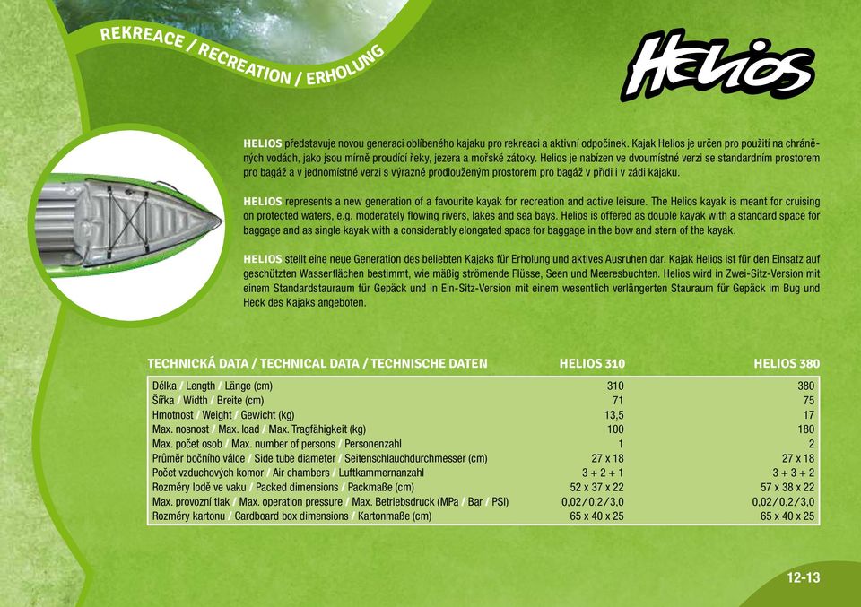 Helios je nabízen ve dvoumístné verzi se standardním prostorem pro bagáž a v jednomístné verzi s výrazně prodlouženým prostorem pro bagáž v přídi i v zádi kajaku.