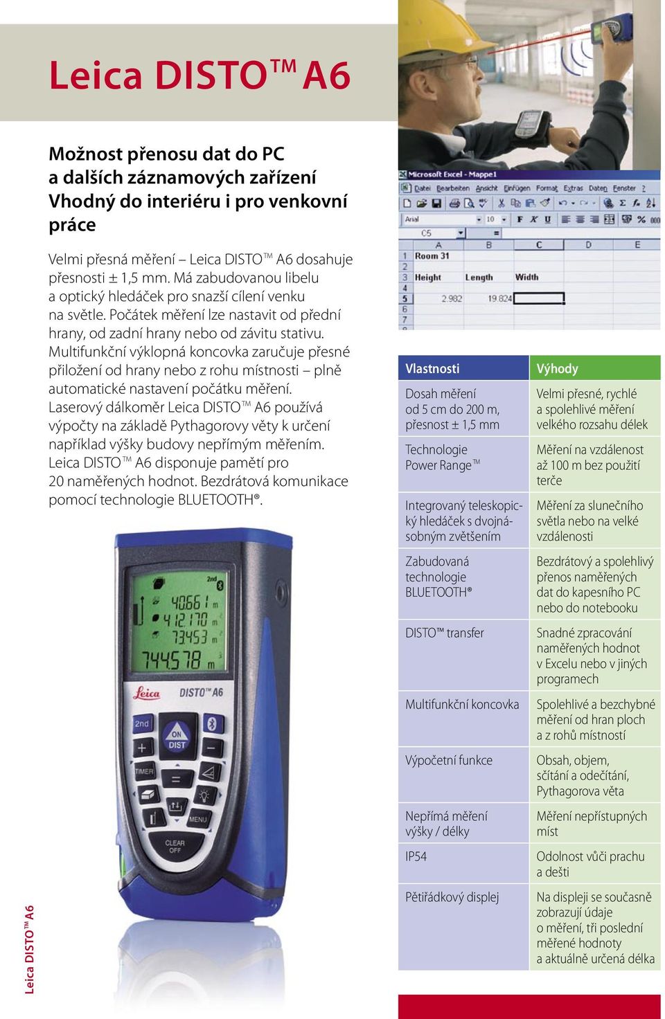 Multifunkční výklopná koncovka zaručuje přesné přiložení od hrany nebo z rohu místnosti plně automatické nastavení počátku měření.