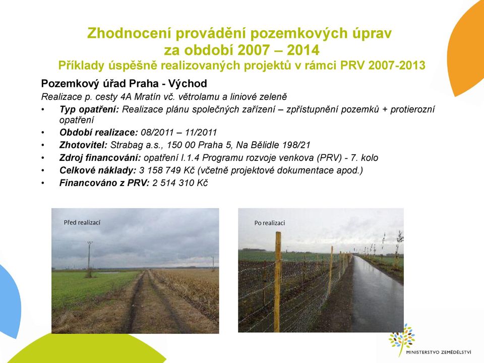 větrolamu a liniové zeleně Typ opatření: Realizace plánu společných zařízení zpřístupnění pozemků + protierozní opatření Období realizace: