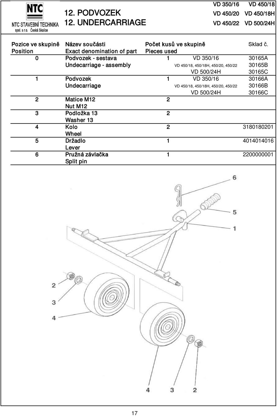 450/18H, 450/20, 450/22 30165B VD 500/24H 30165C 1 Podvozek 1 VD 350/16 30166A Undecarriage VD 450/18, 450/18H,