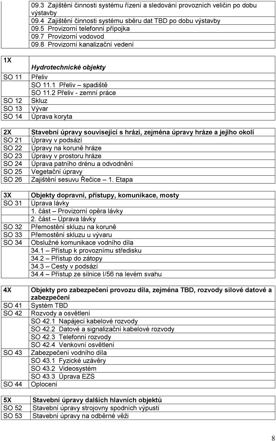 8 Provizorní kanalizační vedení 1X SO 11 SO 12 SO 13 SO 14 2X SO 21 SO 22 SO 23 SO 24 SO 25 SO 26 3X SO 31 SO 32 SO 33 SO 34 4X SO 41 SO 42 SO 43 SO 44 5X SO 52 SO 53 Hydrotechnické objekty Přeliv SO