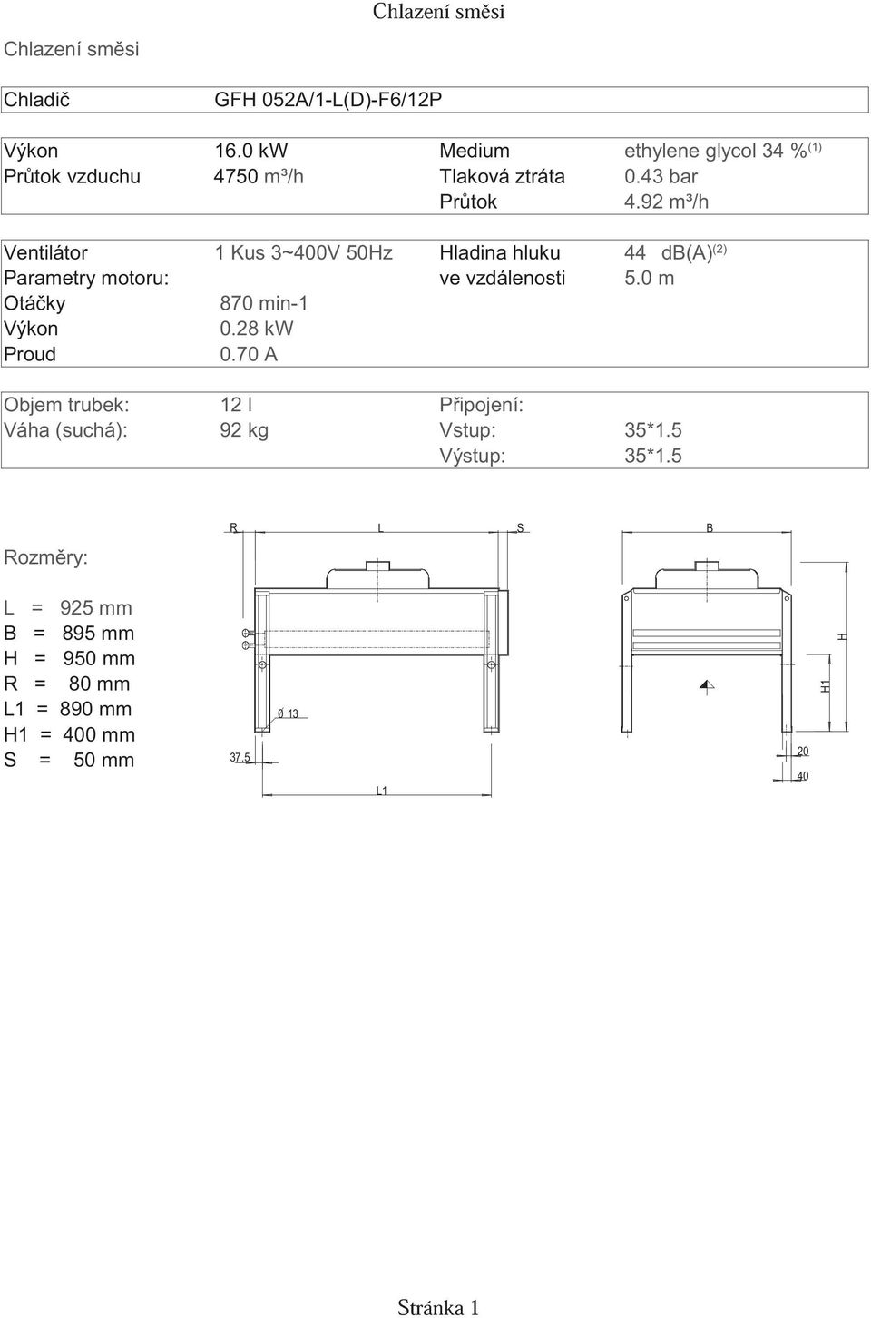 92 m³/h Ventilátor 1 Kus 3~400V 50Hz Hladina hluku 44 db(a) (2) Parametry motoru: ve vzdálenosti 5.0 m Otá ky 870 min-1 Výkon 0.