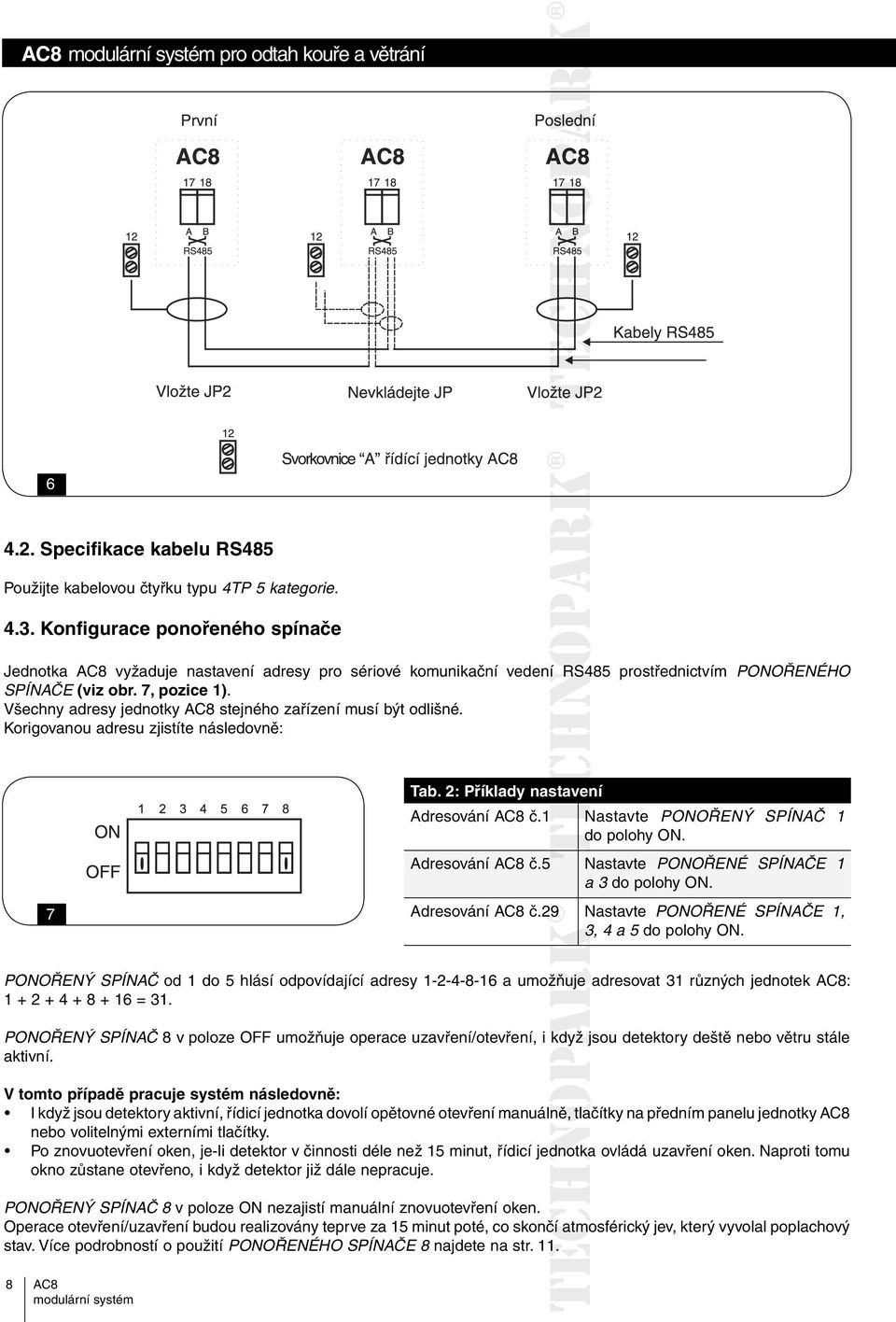 Všechny adresy jednotky stejného zařízení musí být odlišné. Korigovanou adresu zjistíte následovně: 7 Tab. 2: Příklady nastavení Adresování č.1 Nastavte PONOŘENÝ SPÍNAČ 1 do polohy ON. Adresování č.5 Nastavte PONOŘENÉ SPÍNAČE 1 a 3 do polohy ON.