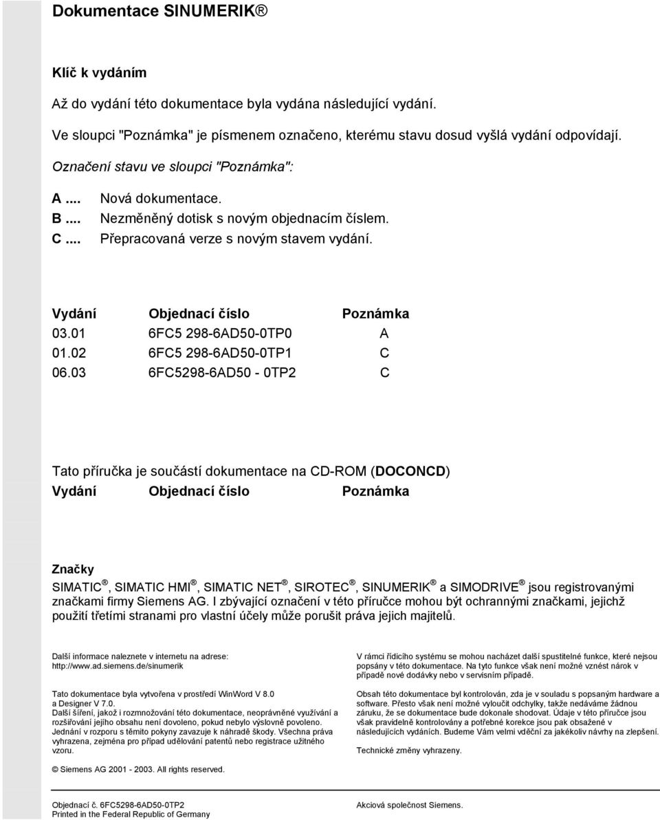 01 6FC5 298-6AD50-0TP0 A 01.02 6FC5 298-6AD50-0TP1 C 06.