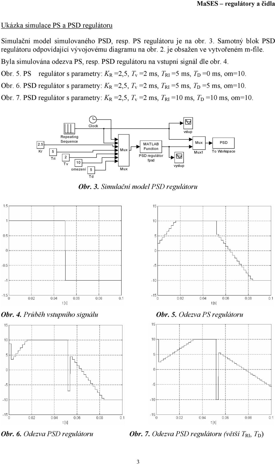 PSD regulátor s parametry: R =,5, = ms, RI =5 ms, D =5 ms, om=. Obr. 7. PSD regulátor s parametry: R =,5, = ms, RI = ms, D = ms, om=. Cloc.