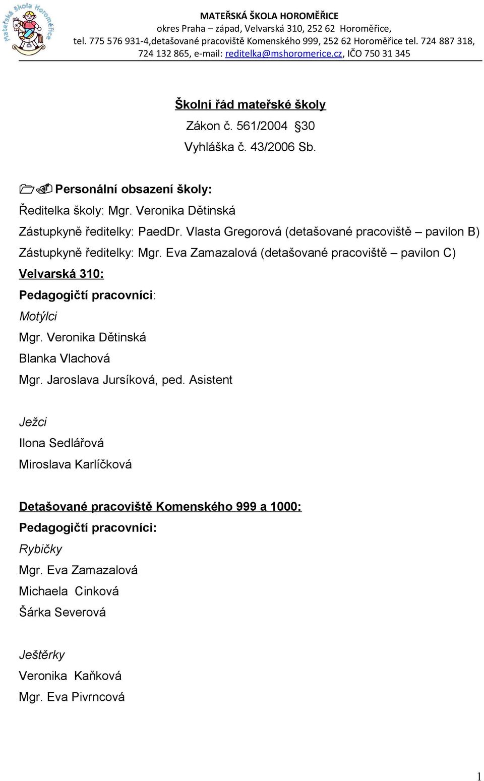 Veronika Dětinská Zástupkyně ředitelky: PaedDr. Vlasta Gregorová (detašované pracoviště pavilon B) Zástupkyně ředitelky: Mgr.