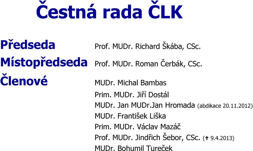 Jan MUDr.Jan Hromada (abdikace 20.11.2012) MUDr. František Liška Prim. MUDr. Václav Mazáč Prof.