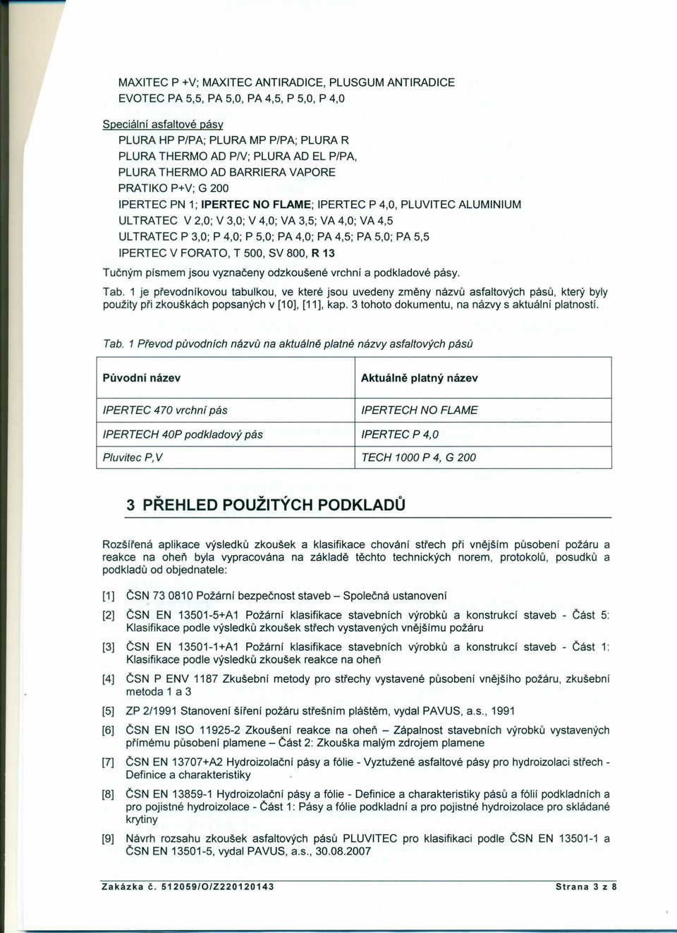 5,0; PA 4,0; PA 4,5; PA 5,0; PA 5,5 IPERTEC V FORATO, T 500, SV 800, R 13 Tučným písmem jsou vyznačeny odzkoušené vrchní a podkladové pásy. Tab.