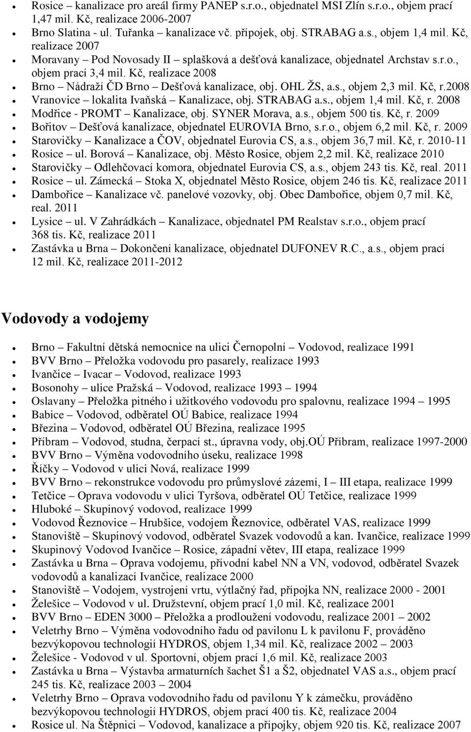 s., objem 2,3 mil. Kč, r.2008 Vranovice lokalita Ivaňská Kanalizace, obj. STRABAG a.s., objem 1,4 mil. Kč, r. 2008 Modřice - PROMT Kanalizace, obj. SYNER Morava, a.s., objem 500 tis. Kč, r. 2009 Bořitov Dešťová kanalizace, objednatel EUROVIA Brno, s.
