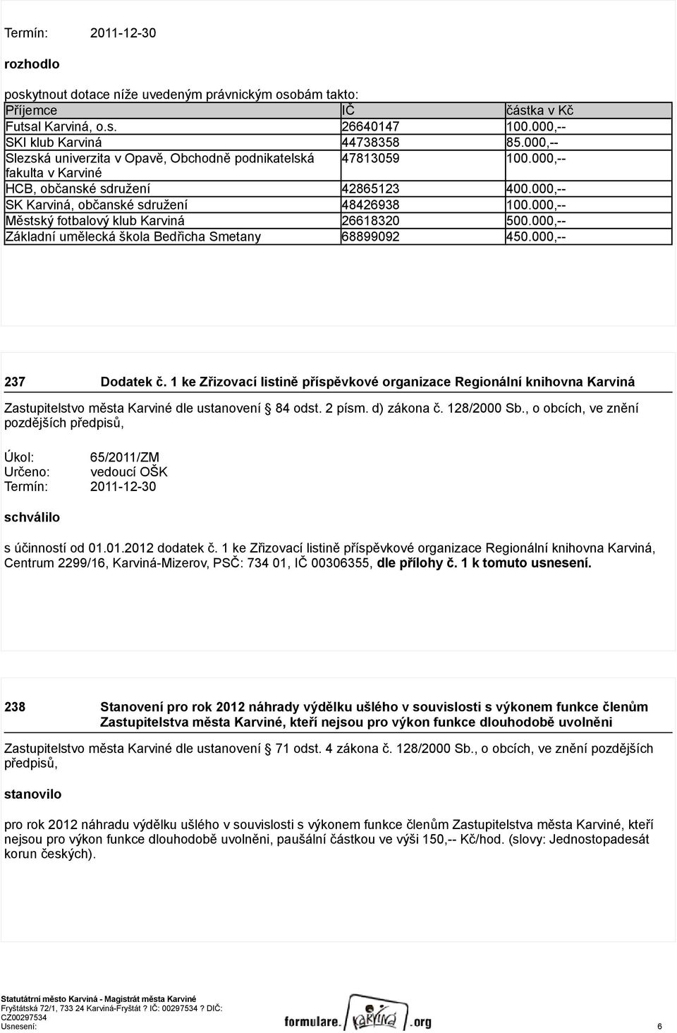 000,-- Městský fotbalový klub Karviná 26618320 500.000,-- Základní umělecká škola Bedřicha Smetany 68899092 450.000,-- 237 Dodatek č.