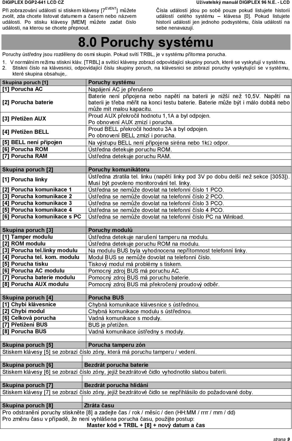 Pokud listujete historií událostí jen jednoho podsystému, čísla událostí na sebe nenavazují. Poruchy ústředny jsou rozděleny do osmi skupin. Pokud svítí TRBL, je v systému přítomna porucha. 1.