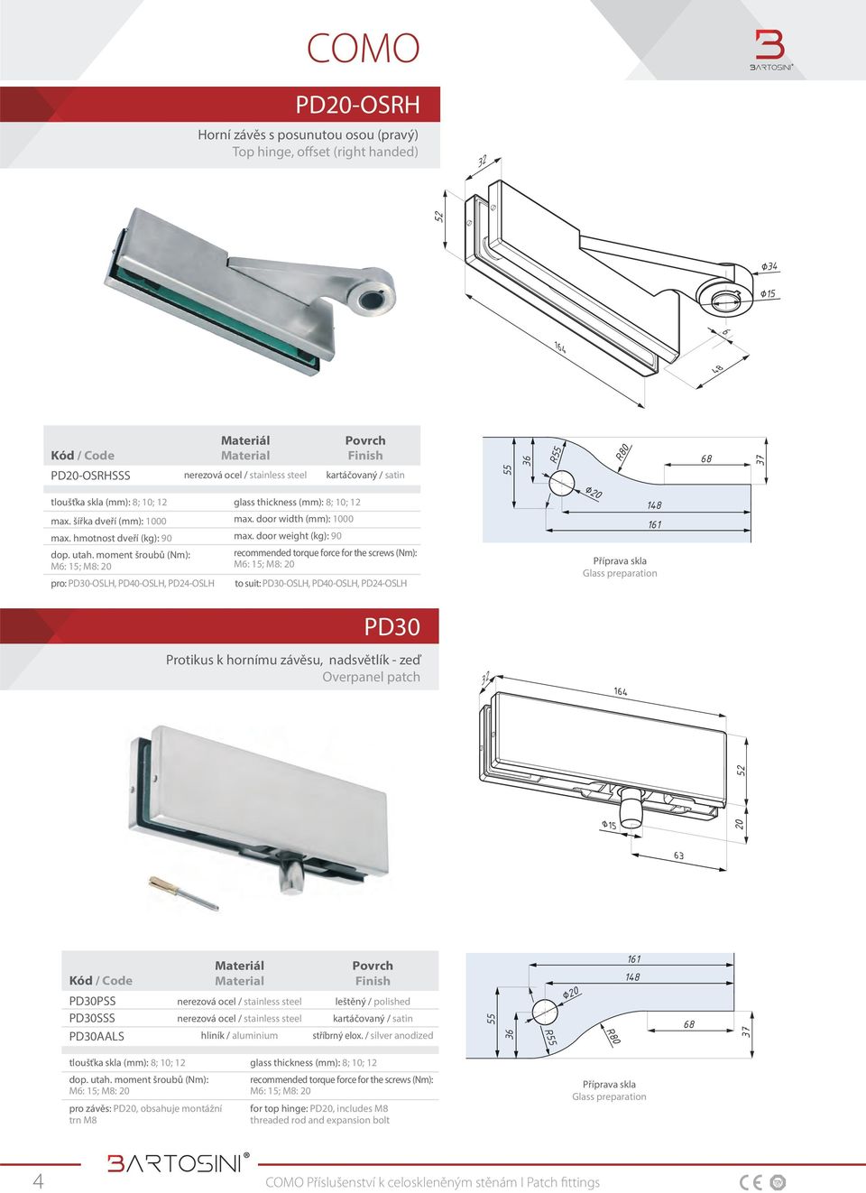 door weight (kg): 90 to suit: PD30-OSLH, PD40-OSLH, PD24-OSLH 48 6 PD30 Protikus k hornímu závěsu, nadsvětlík - zeď Overpanel patch 64 20 5 63