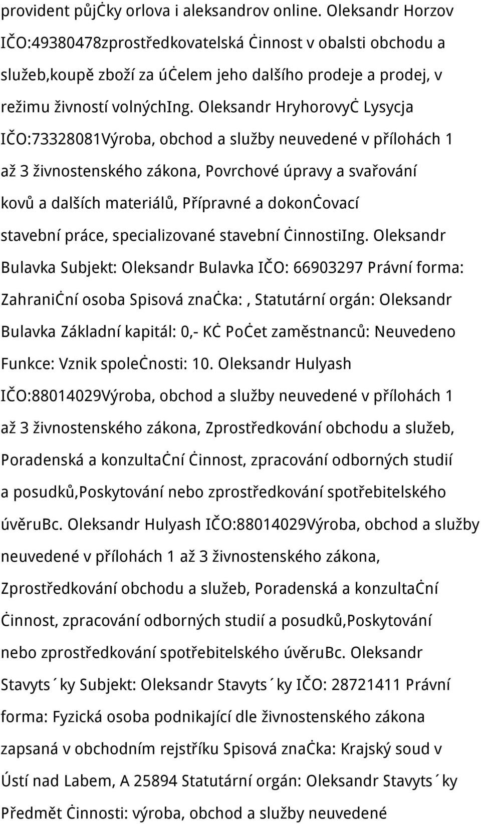 Oleksandr Hryhorovyč Lysycja IČO:73328081Výroba, obchod a služby neuvedené v přílohách 1 až 3 živnostenského zákona, Povrchové úpravy a svařování kovů a dalších materiálů, Přípravné a dokončovací