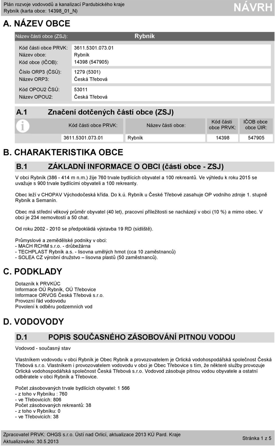 1 Značení dotčených částí obce (ZSJ) Kód části obce PRVK: Název části obce: Kód části obce PRVK: IČOB obce obce ÚIR: B. CHARAKTERISTIKA OBCE B.