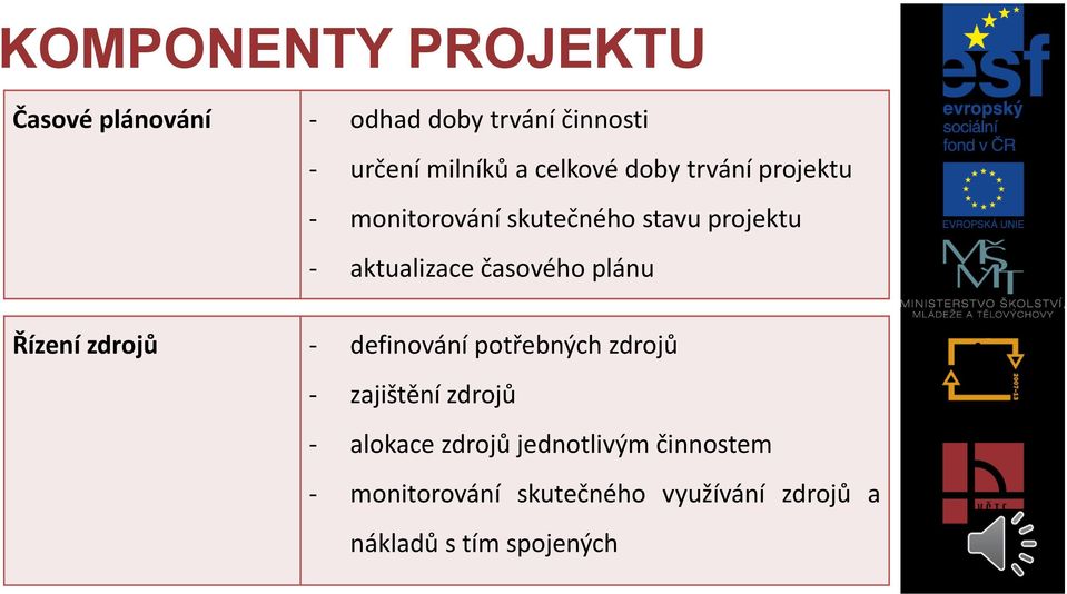 časového plánu Řízení zdrojů - definování potřebných zdrojů - zajištění zdrojů - alokace