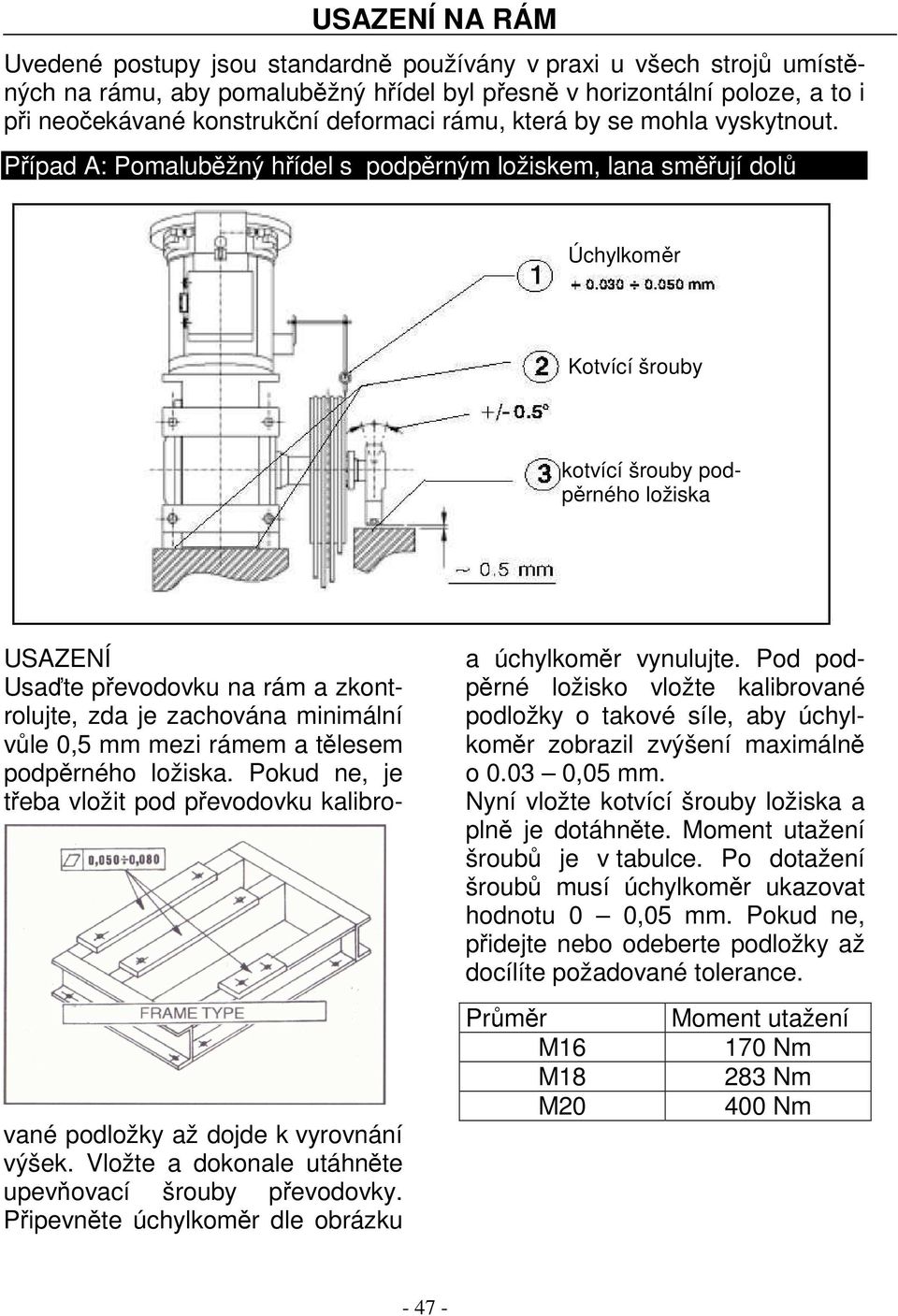 Případ A: Pomaluběžný hřídel s podpěrným ložiskem, lana směřují dolů Úchylkoměr Kotvící šrouby kotvící šrouby podpěrného ložiska USAZENÍ Usaďte převodovku na rám a zkontrolujte, zda je zachována