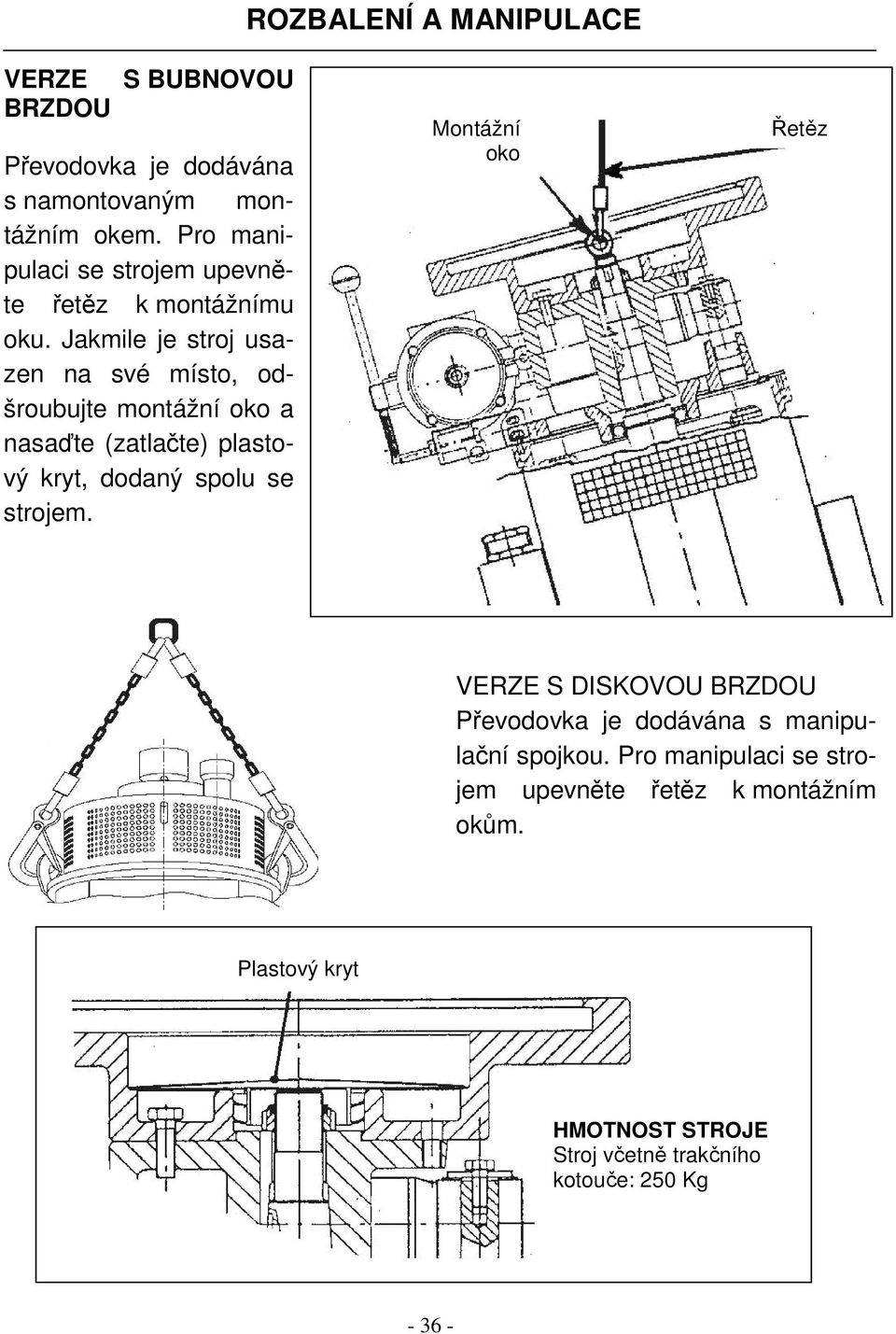 Jakmile je stroj usazen na své místo, odšroubujte montážní oko a nasaďte (zatlačte) plastový kryt, dodaný spolu se strojem.