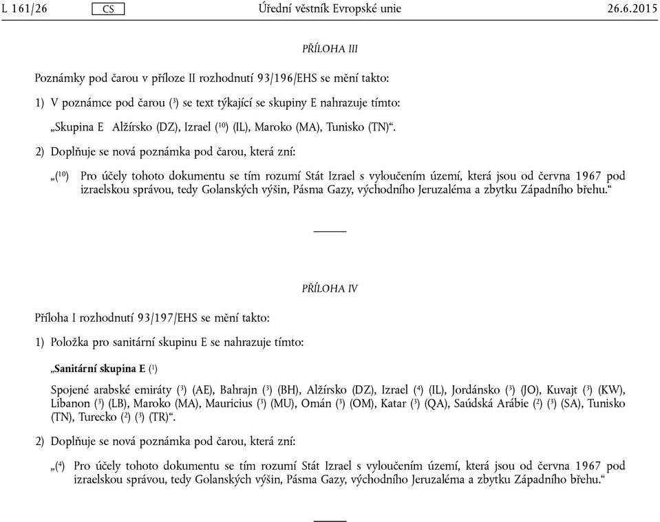 ( 10 ) Pro účely tohoto dokumentu se tím rozumí Stát Izrael s vyloučením území, která jsou od června 1967 pod Příloha I rozhodnutí 93/197/EHS se mění takto: 1) Položka pro sanitární skupinu E se