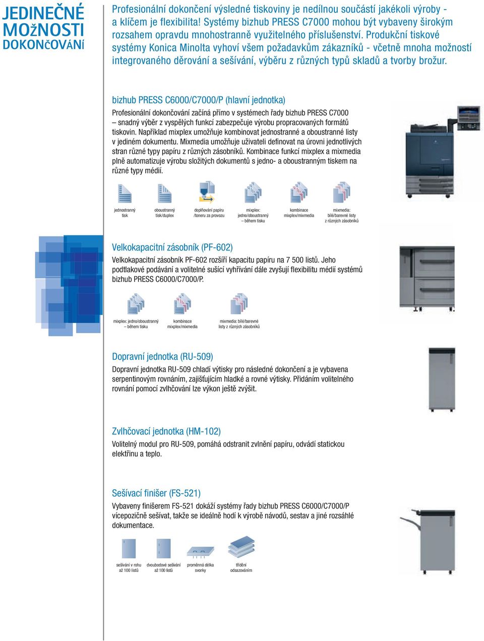 Produkční tiskové systémy Konica Minolta vyhoví všem požadavkům zákazníků - včetně mnoha možností integrovaného děrování a sešívání, výběru z různých typů skladů a tvorby brožur.