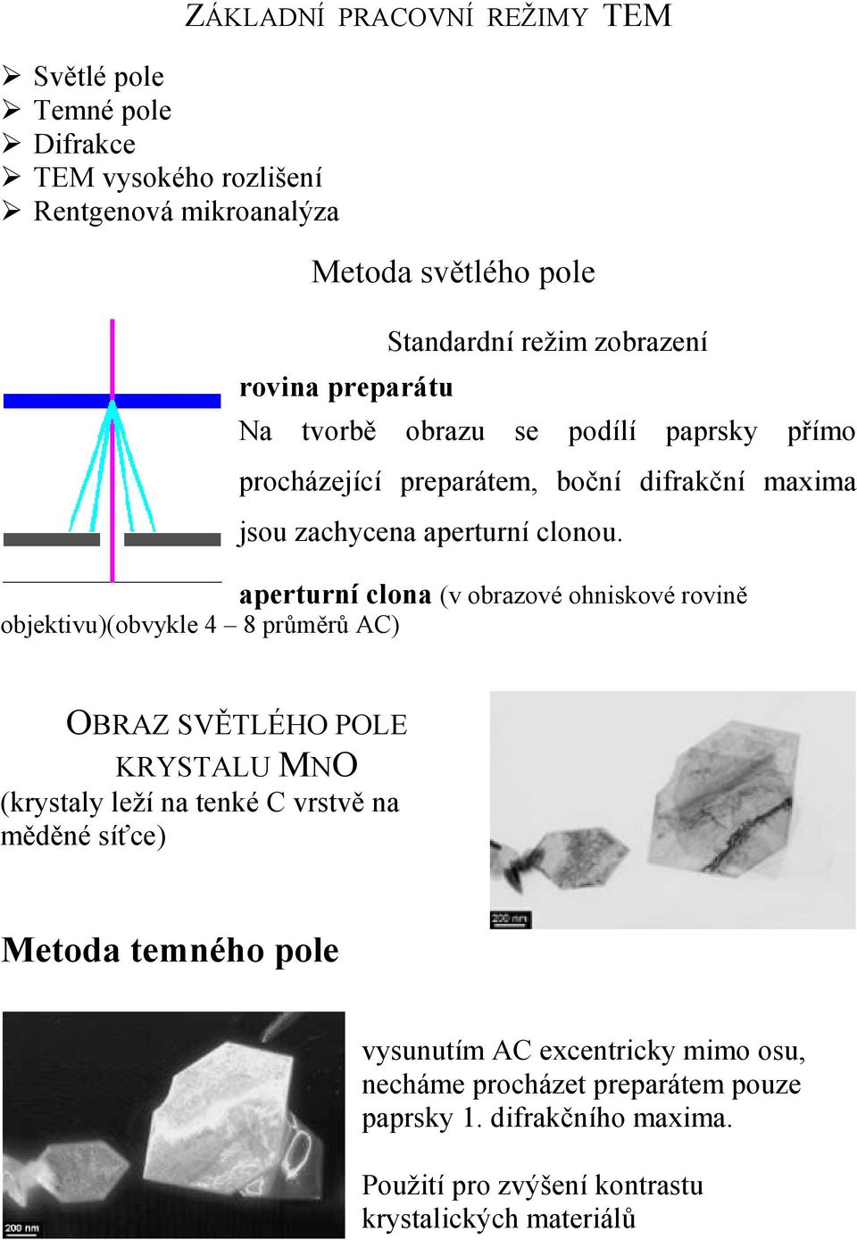 aperturní clona (v obrazové ohniskové rovině objektivu)(obvykle 4 8 průměrů AC) OBRAZ SVĚTLÉHO POLE KRYSTALU MNO (krystaly leží na tenké C vrstvě na měděné
