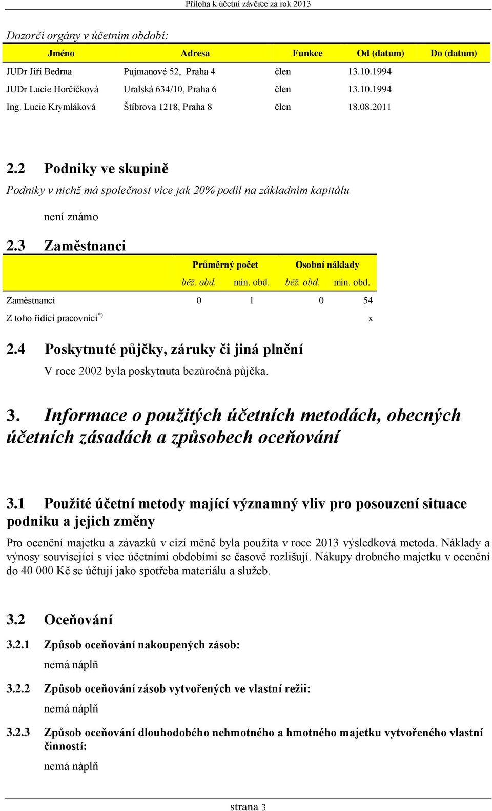 3 Zaměstnanci Průměrný počet Osobní náklady běž. obd. min. obd. běž. obd. min. obd. Zaměstnanci 1 54 Z toho řídící pracovníci *) x 2.