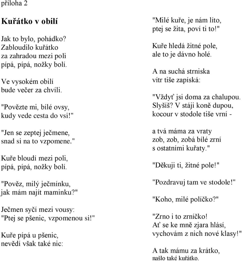 " Kuře pípá u pšenic, nevědí však také nic: "Milé kuře, je nám líto, ptej se ţita, poví ti to!" Kuře hledá ţitné pole, ale to je dávno holé.