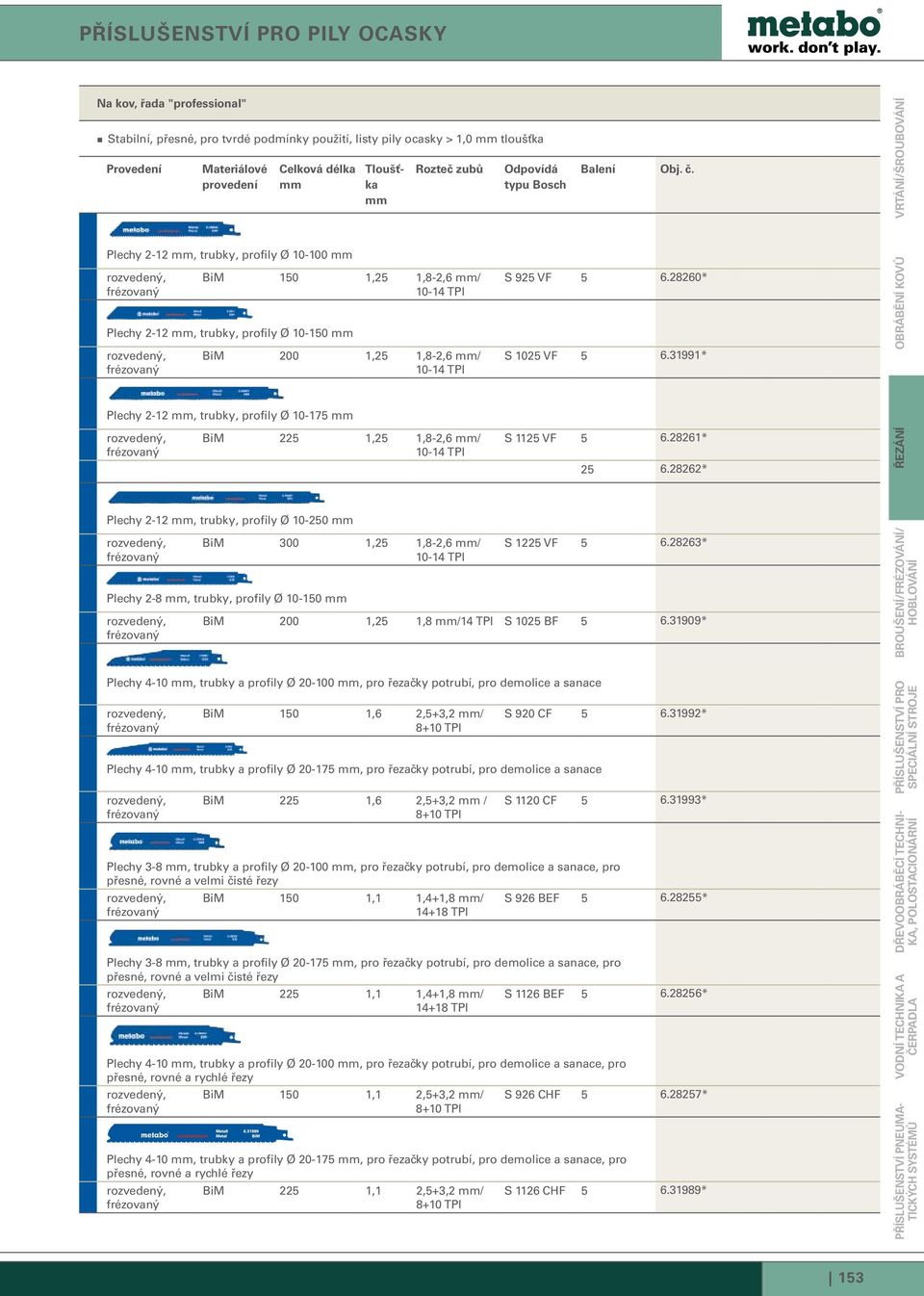 28262* Řezání Obrábění kovů Vrtání/šroubování Plechy 2-12, trubky, profily Ø 10-250 BiM 300 1,25 1,8-2,6 / Plechy 2-8, trubky, profily Ø 10-150 S 1225 VF 5 6.
