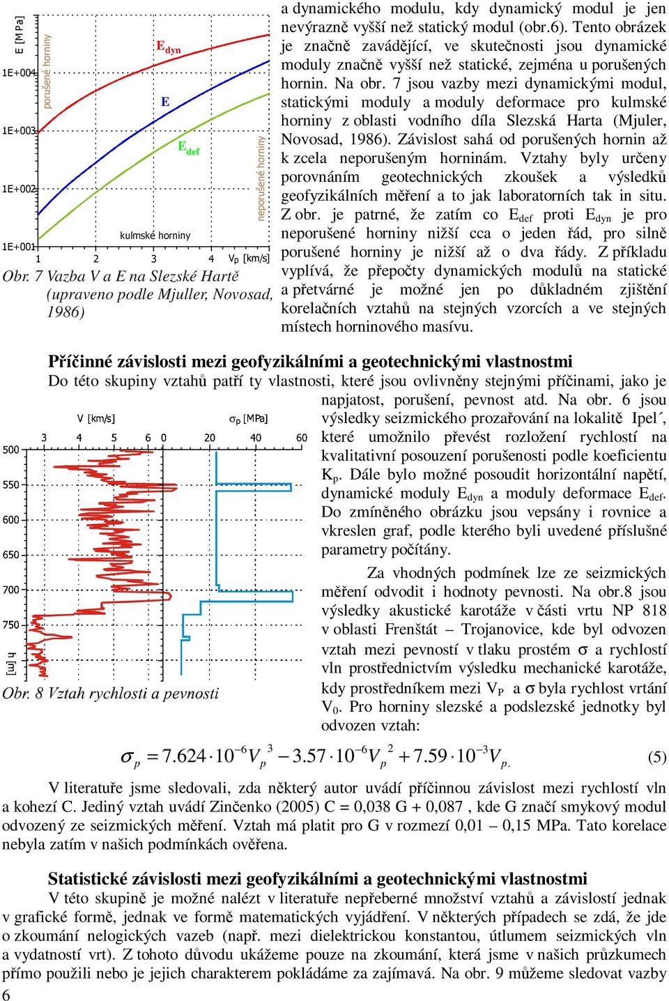 7 jsou vazby mezi dynamickými modul, statickými moduly a moduly deformace pro kulmské horniny z oblasti vodního díla Slezská Harta (Mjuler, Novosad, 1986).