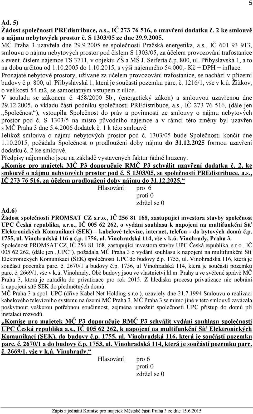 Přibyslavská 1, a to na dobu určitou od 1.10.2005 do 1.10.2015, s výší nájemného 54.000,- Kč + DPH + inflace.