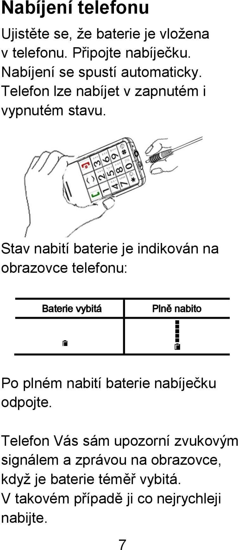 Stav nabití baterie je indikován na obrazovce telefonu: Baterie vybitá Plně nabito Po plném nabití baterie