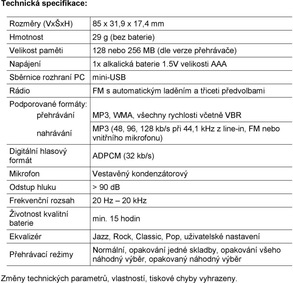 5V velikosti AAA FM s automatickým laděním a třiceti předvolbami MP3, WMA, všechny rychlosti včetně VBR MP3 (48, 96, 128 kb/s při 44,1 khz z line-in, FM nebo vnitřního mikrofonu) ADPCM (32 kb/s)