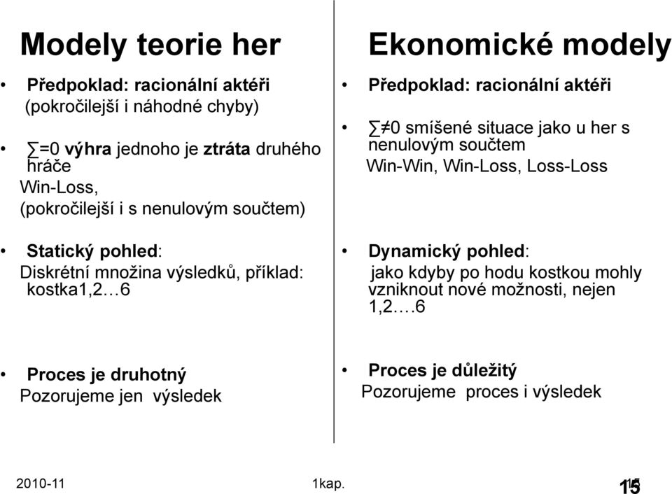racionální aktéři 0 smíšené situace jako u her s nenulovým součtem Win-Win, Win-Loss, Loss-Loss Dynamický pohled: jako kdyby po hodu