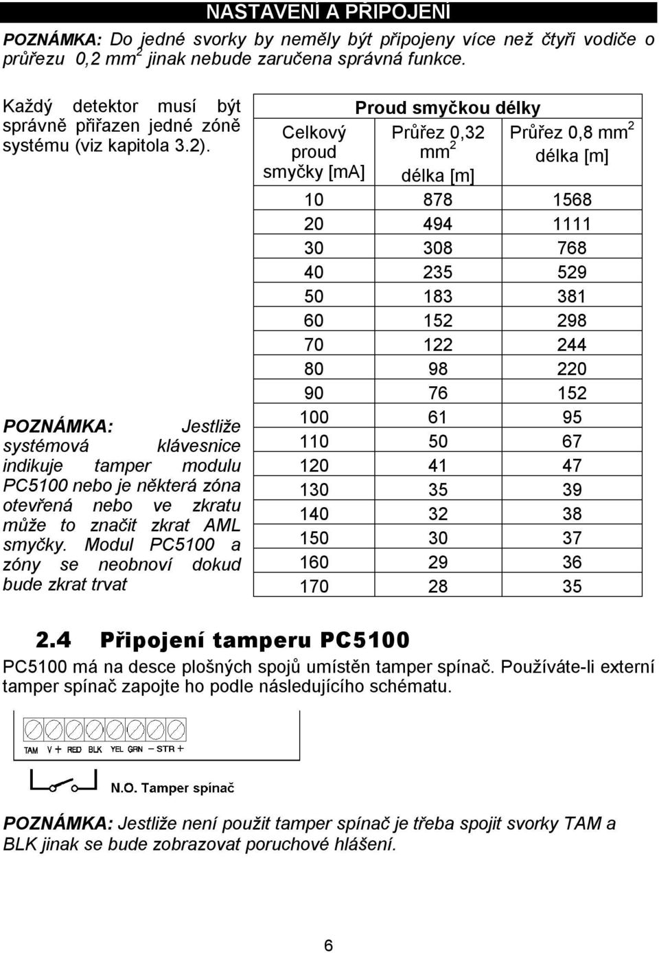 POZNÁMKA: Jestliže systémová klávesnice indikuje tamper modulu PC5100 nebo je některá zóna otevřená nebo ve zkratu může to značit zkrat AML smyčky.