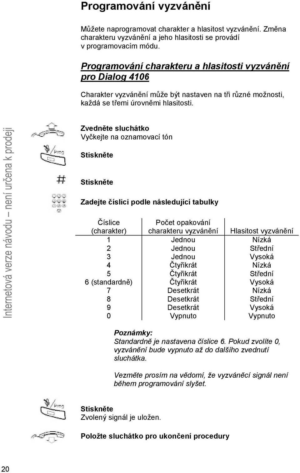 Zvedněte sluchátko Vyčkejte na oznamovací tón Zadejte číslici podle následující tabulky Číslice (charakter) 1 2 3 4 5 6 (standardně) 7 8 9 0 Počet opakování charakteru vyzvánění Jednou Jednou Jednou