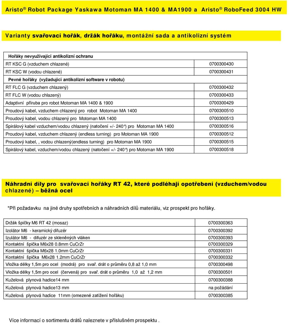 0700300433 Adaptivní příruba pro robot Motoman MA 1400 & 1900 0700300429 Proudový kabel, vzduchem chlazený pro robot Motoman MA 1400 0700300510 Proudový kabel, vodou chlazený pro Motoman MA 1400