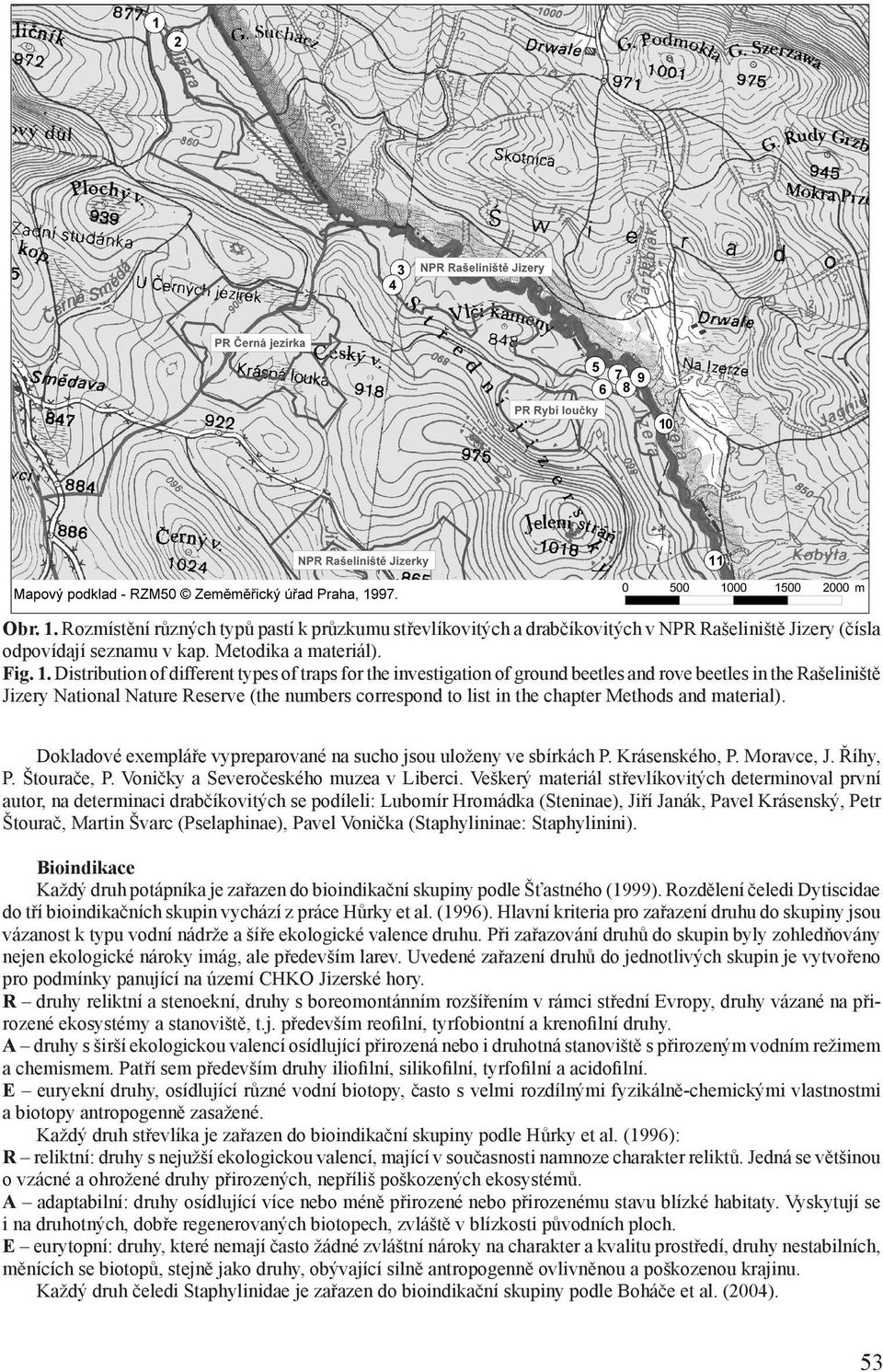 Distribution of different types of traps for the investigation of ground beetles and rove beetles in the Rašeliniště Jizery National Nature Reserve (the numbers correspond to list in the chapter