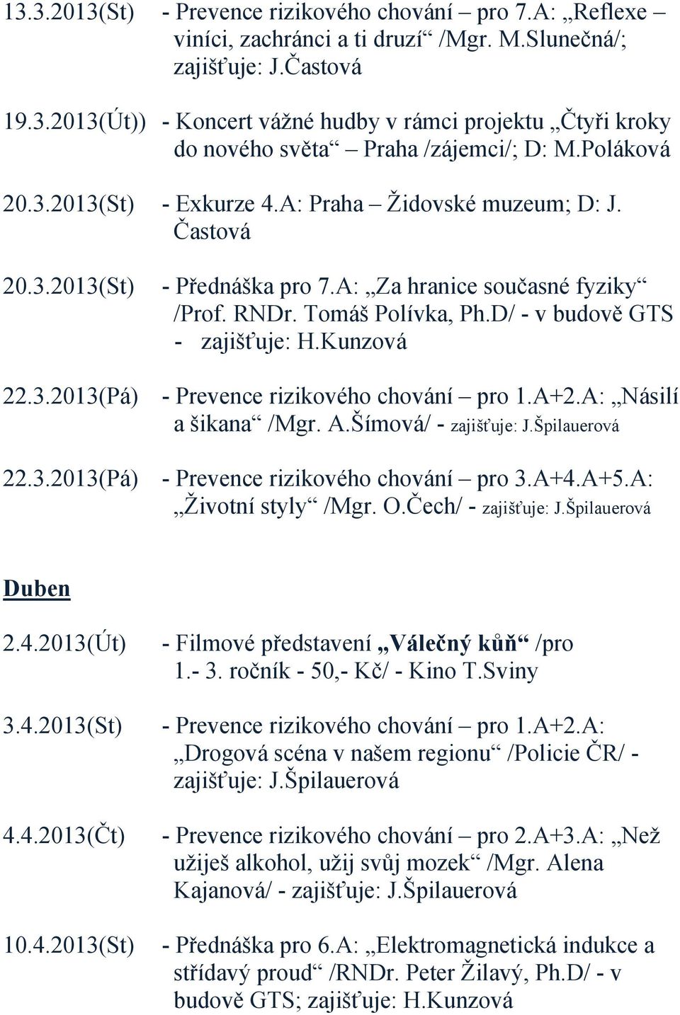 D/ - v budově GTS - zajišťuje: H.Kunzová 22.3.2013(Pá) - Prevence rizikového chování pro 1.A+2.A: Násilí a šikana /Mgr. A.Šímová/ - zajišťuje: J.Špilauerová 22.3.2013(Pá) - Prevence rizikového chování pro 3.