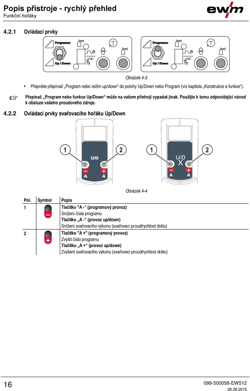 Přepínač Program nebo funkce Up/Down může na vašem přístroji vypadat jinak. Použijte k tomu odpovídající návod k obsluze vašeho proudového zdroje. 4.2.