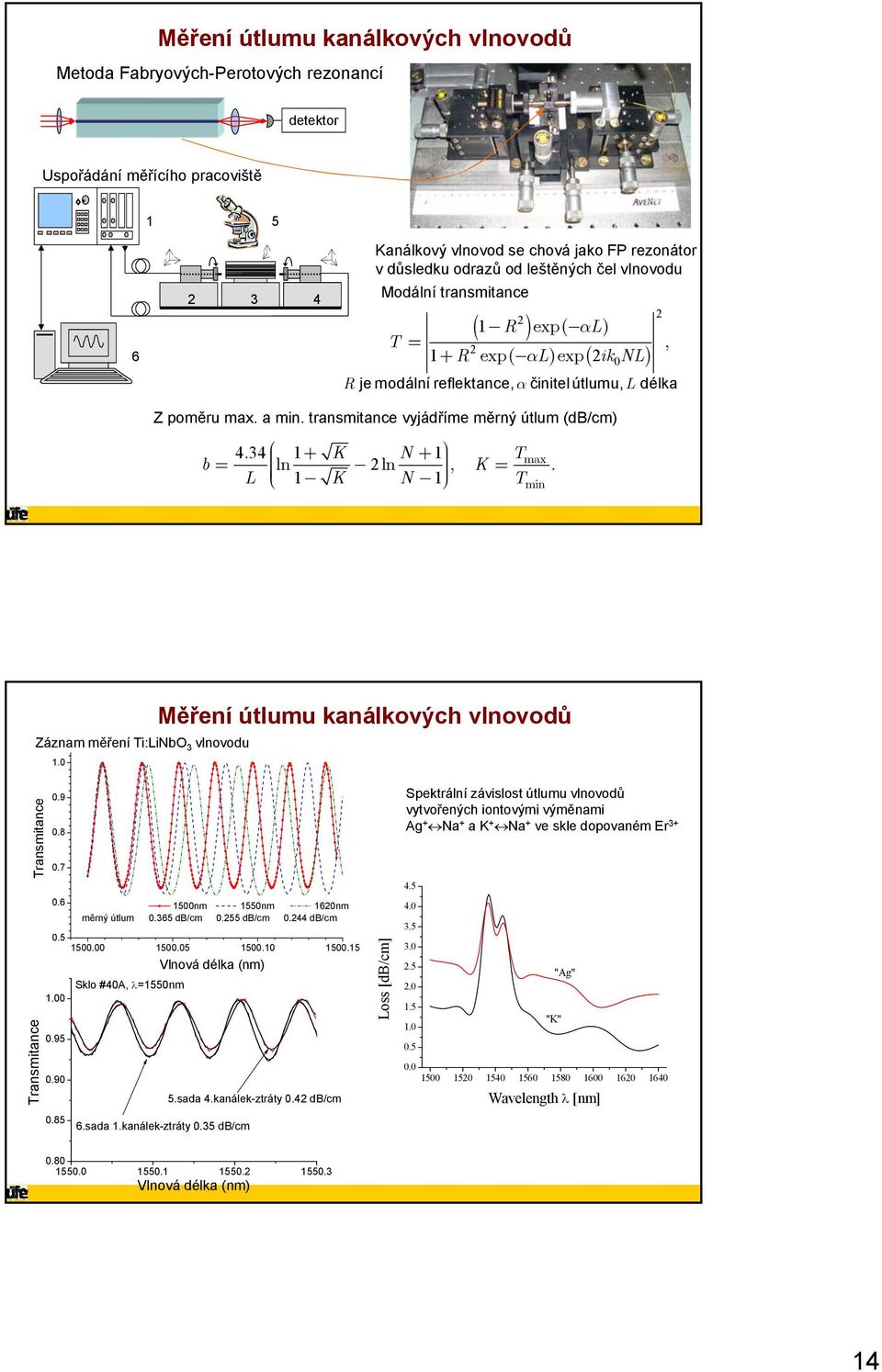 transmitance vyjádříme měrný útlum (db/cm) 434. æ + max ln K ln N + ö b = -, K = T. L ç K N è - - ø T min Záznam měření Ti:LiNbO 3 vlnovodu.