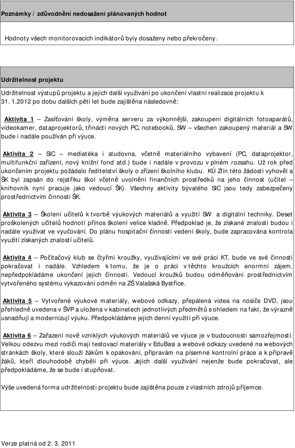 2012 po dobu dalších pěti let bude zajištěna následovně: Aktivita 1 Zasíťování školy, výměna serveru za výkonnější, zakoupení digitálních fotoaparátů, videokamer, dataprojektorů, třinácti nových PC,