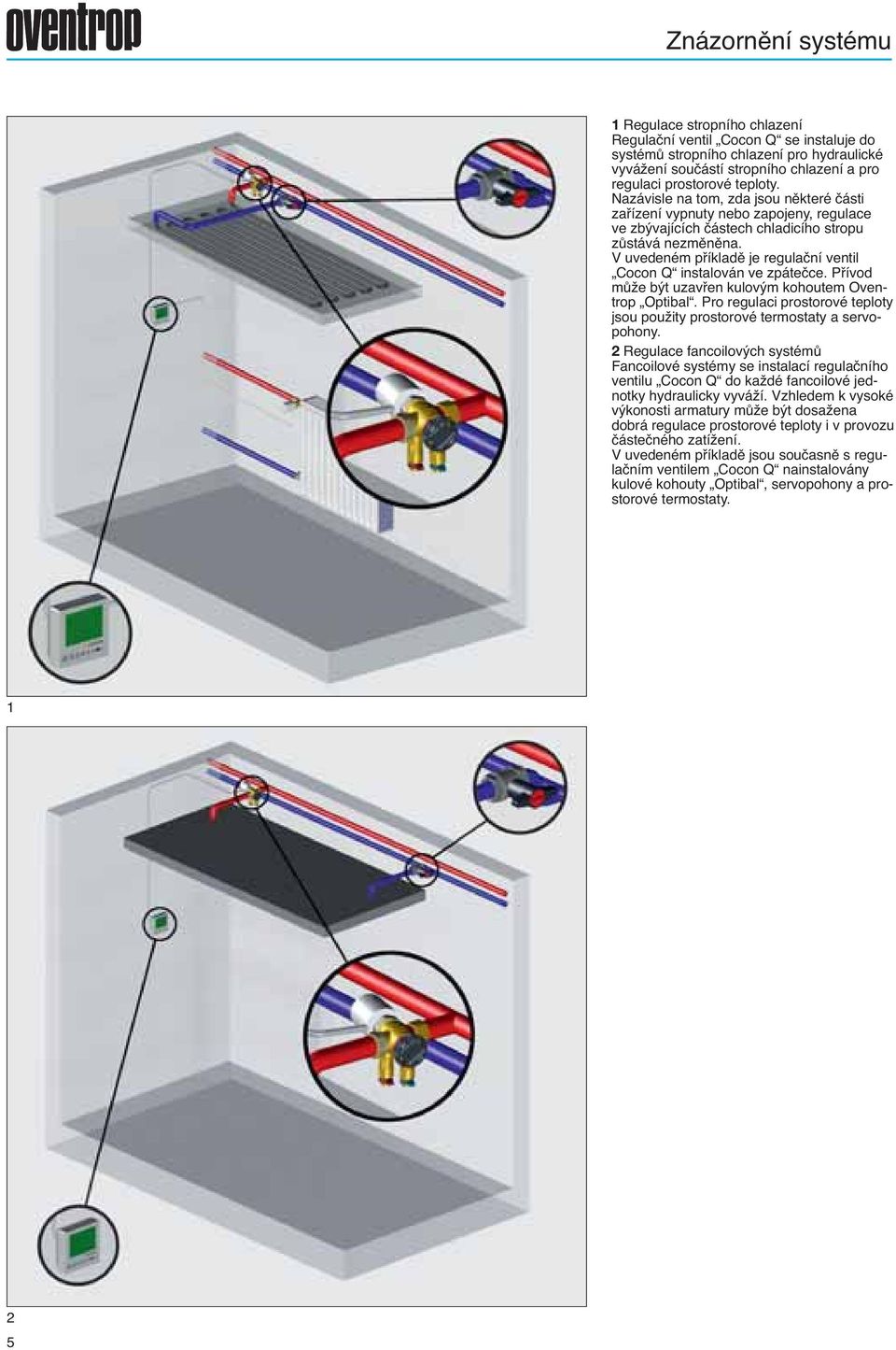 V uvedeném příkladě je regulační ventil Cocon Q instalován ve zpátečce. Přívod může být uzavřen kulovým kohoutem Oventrop Optibal.