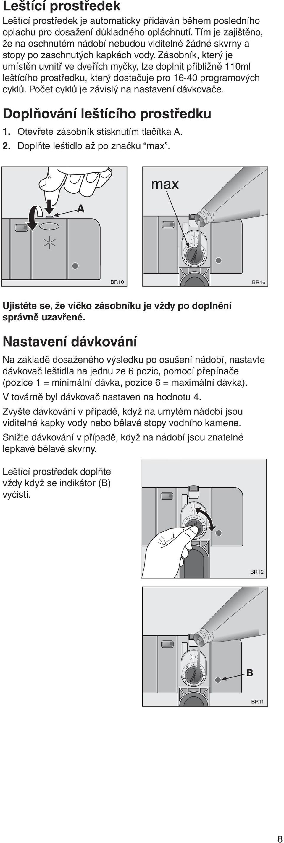 Zásobník, který je umístěn uvnitř ve dveřích myčky, lze doplnit přibližně 110ml leštícího prostředku, který dostačuje pro 16-40 programových cyklů. Počet cyklů je závislý na nastavení dávkovače.