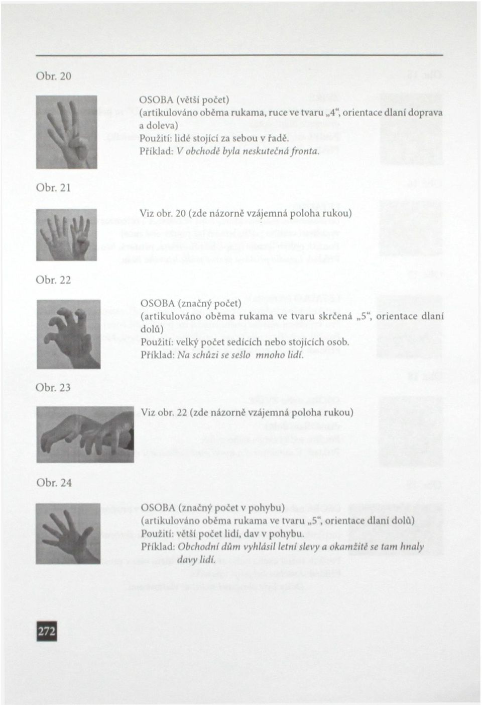 20 (zde názorné vzájemná poloha rukou) OSOBA (značný počet) (artikulováno oběma rukama ve tvaru skrčená 5", orientace dlaní dolů) Použití: velký počet sedících nebo