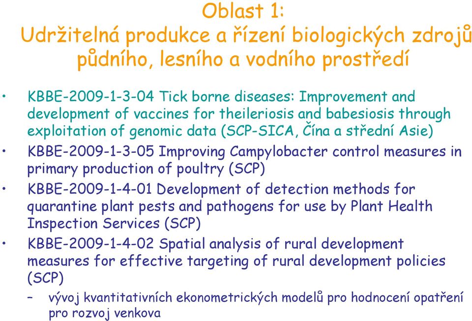 poultry (SCP) KBBE-2009-1-4-01 Development of detection methods for quarantine plant pests and pathogens for use by Plant Health Inspection Services (SCP) KBBE-2009-1-4-02 Spatial