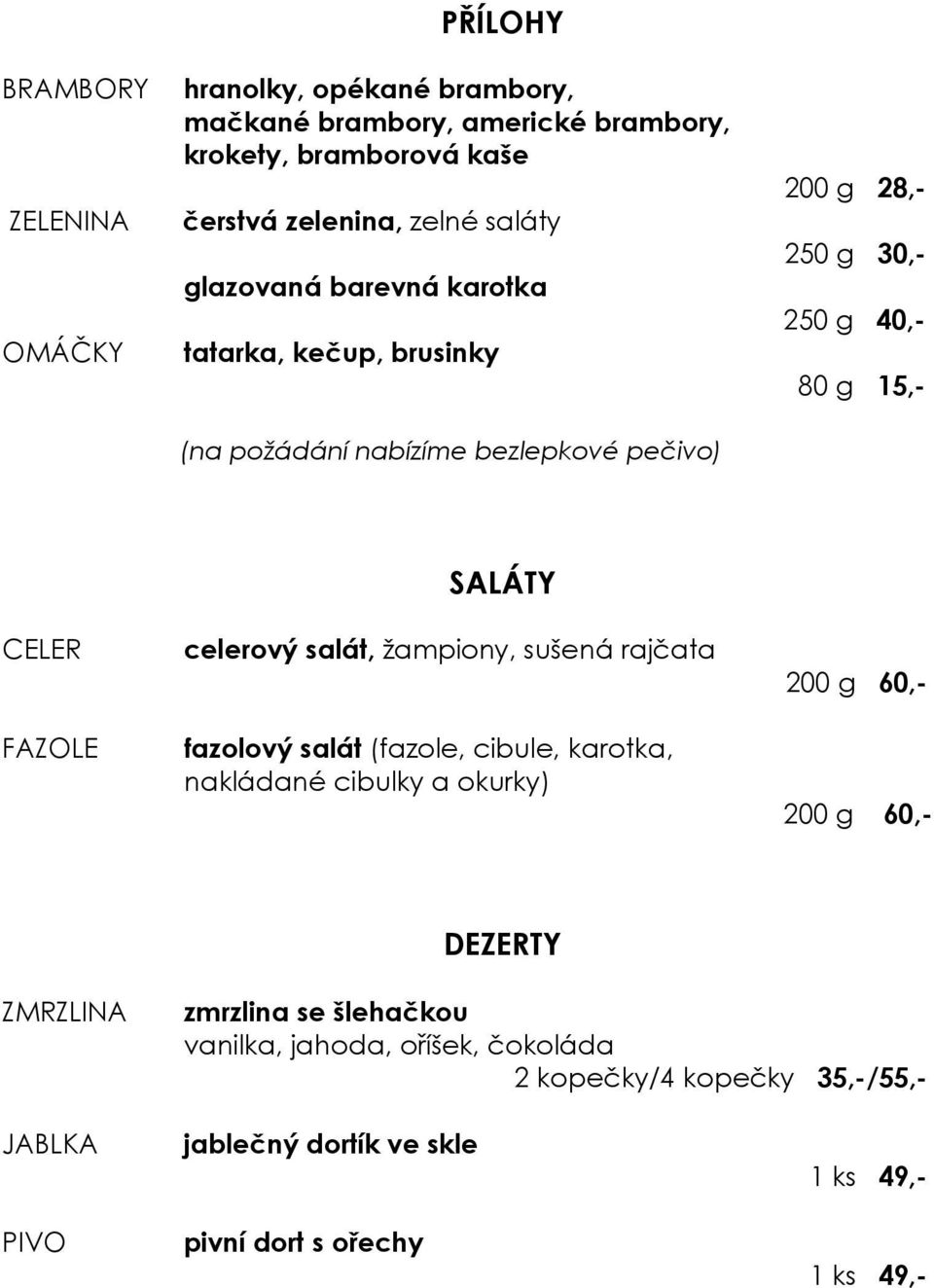 celerový salát, žampiony, sušená rajčata fazolový salát (fazole, cibule, karotka, nakládané cibulky a okurky) 200 g 60,- 200 g 60,- DEZERTY ZMRZLINA