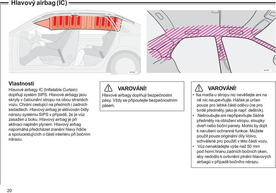 Hlavový airbag napomáhá předcházet zranění hlavy řidiče a spolucestujících o části interiéru při bočním nárazu. VAROVÁNÍ! Hlavové airbagy doplňují bezpečnostní pásy.